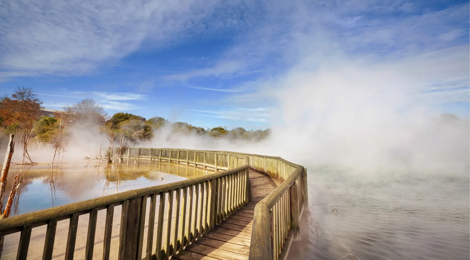 A wooden boardwalk running through geothermal steam at Wai-O-Tapu