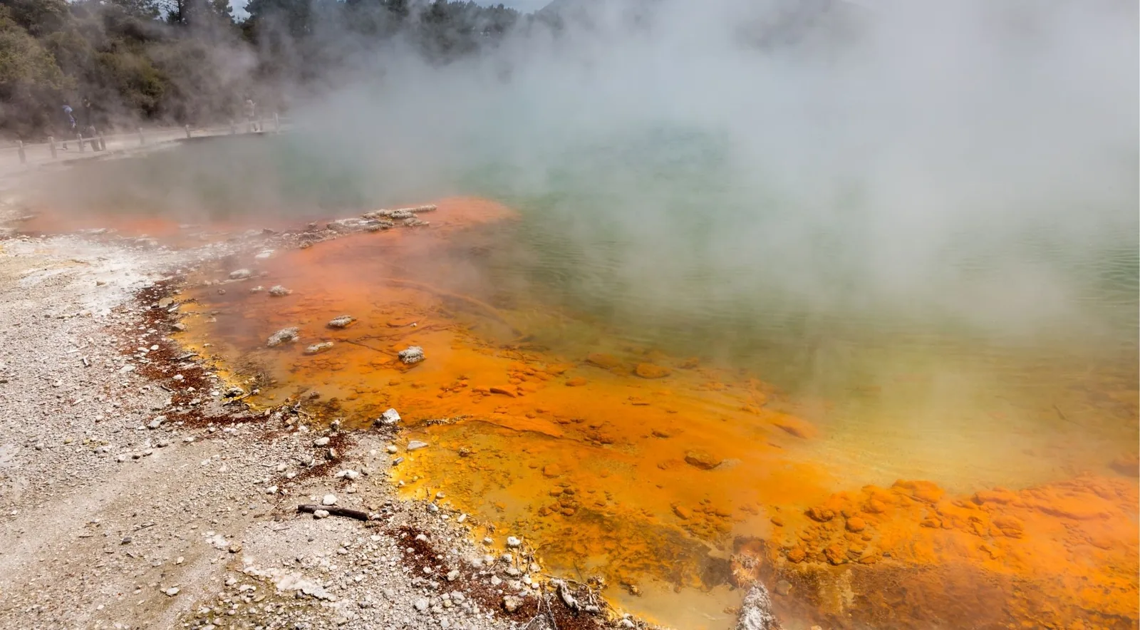 Close view of an orange sinter terrace with mineral crusts